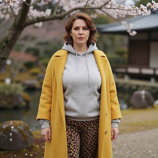 Photograph of a woman with wavy brown hair, wearing a yellow coat, gray hoodie, and leopard print pants, standing in a cherry blossom garden