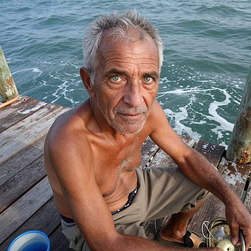 Photograph of a shirtless, elderly man with gray hair and beard, sitting on a weathered wooden dock, looking up with blue eyes, ocean