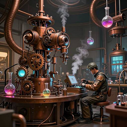 Steampunk laboratory: A man in a helmet and uniform works on a laptop, surrounded by copper machinery, glowing glass beakers, and smoke,