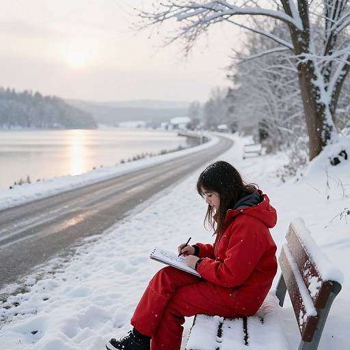 Snowy Rural Road with Sketching Teen