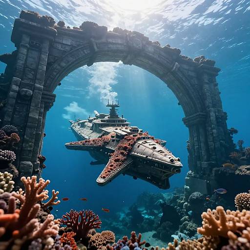 Photograph of an underwater scene featuring a sunlit, ancient stone archway, a starfish-covered ship, and colorful coral reefs in the foreground.