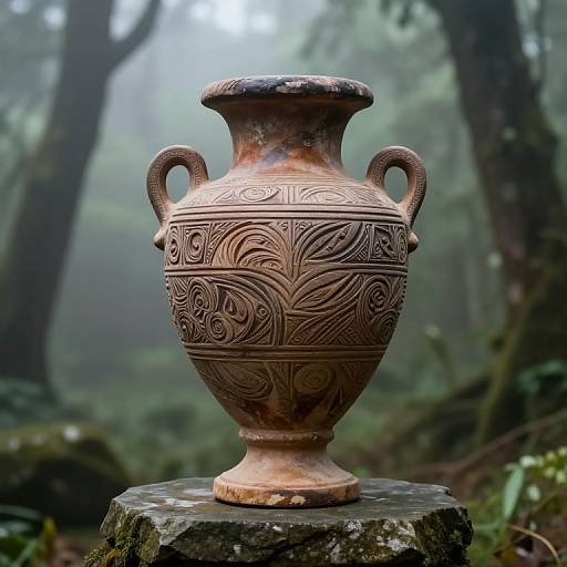 Ancient Ceramic Urn in Misty Forest
