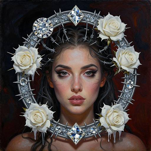 Digital painting of a pale-skinned woman with intense eyes, wearing a crown of white roses and diamond-like spikes, against a dark background.