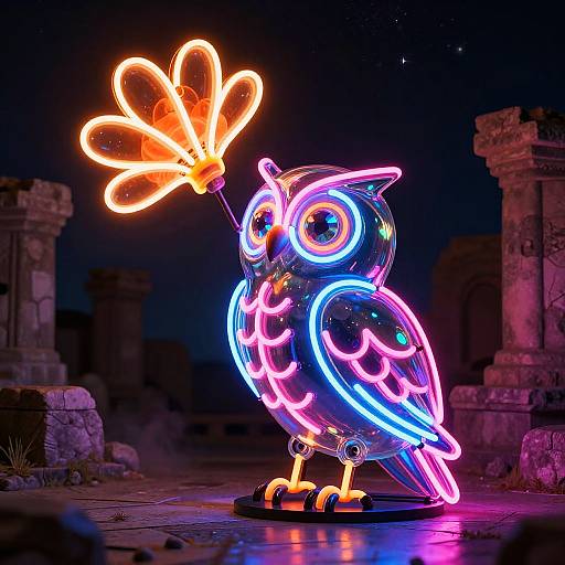 Neon-lit owl holding glowing butterfly, standing on stone pavement with ancient columns in dark, starry night background. Photorealistic digital art.