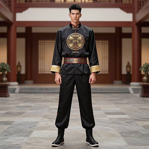 Photograph of a serious, Asian male model in traditional black Chinese martial arts uniform with gold embroidery, standing in an elegant, traditional Chinese courtyard.