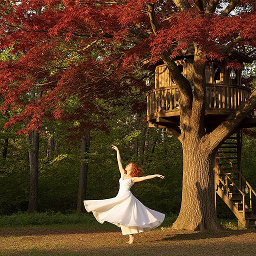 Photograph of a red-haired woman in a flowing white dress, dancing under a vibrant red-leafed tree with a wooden treehouse. Sunlight