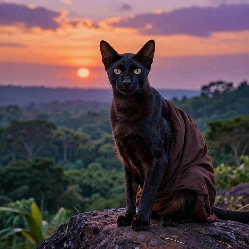 Photograph of a black cat with piercing yellow eyes, wearing a brown cloth, sitting on a rock during a vibrant sunset over a dense, green forest