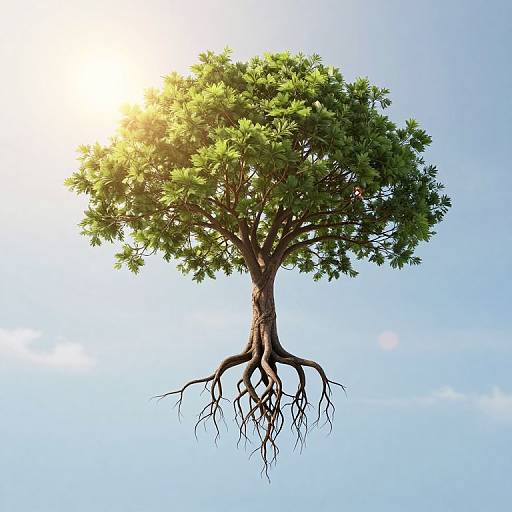 Photograph of a floating, green-leaved tree with exposed roots against a clear blue sky, sun shining from the upper left.