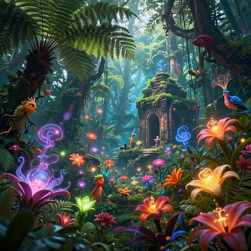 Vibrant, magical forest scene with glowing flowers, colorful birds, and a moss-covered archway. Fantasy digital art with bright, whimsical colors