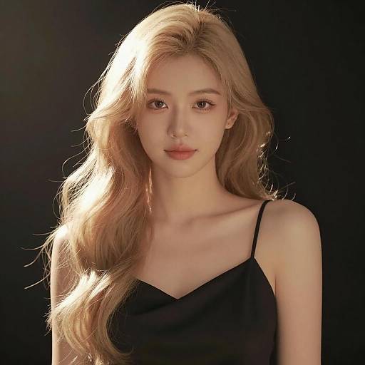 Photograph of a young, fair-skinned woman with long, wavy blonde hair, wearing a black spaghetti-strap top, against a black background