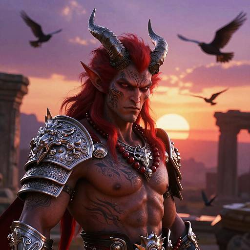 Muscular Red-Haired Demon at Sunset