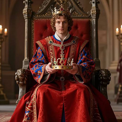 Young man with curly brown hair, wearing a gold crown and ornate red and blue royal robe, sits on a grand, dark wooden throne in a