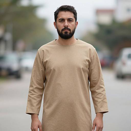 Photograph of a bearded man with dark hair, wearing a beige long-sleeve shirt, standing on a blurred urban street.