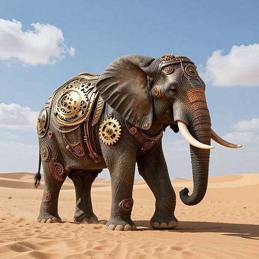 Digital art of a detailed, gear-adorned elephant with large white tusks standing in a bright desert under a blue sky.