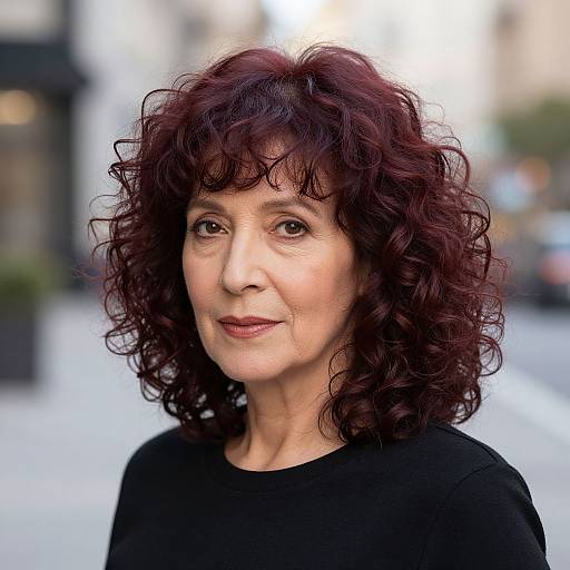 Photograph of an older woman with curly, dark red hair, fair skin, wearing a black top, standing on a blurred urban street.