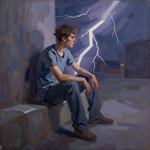 Oil painting of a pensive young man in a blue shirt and jeans, sitting on a bench, illuminated by a bright, jagged lightning bolt in