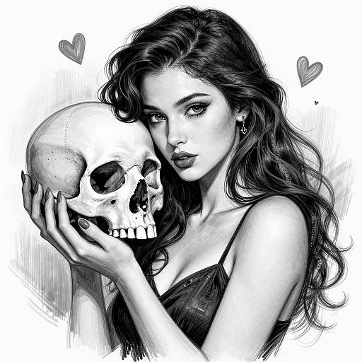 Black-and-white digital drawing of a beautiful woman with long wavy hair, holding a skull, wearing a strapless top, with heart shapes in the