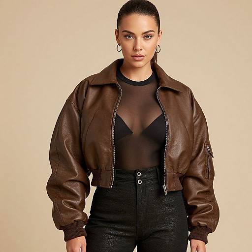 Photograph of a confident woman with olive skin, dark hair in a slicked-back bun, wearing a brown leather jacket, black sheer top, and