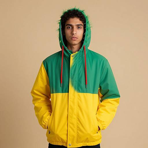 Photograph of a young South Asian man with medium brown skin, wearing a green and yellow hooded jacket with red drawstrings, against a plain beige