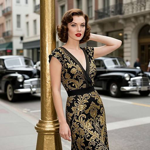 Vintage-style photograph of a fair-skinned woman with red lipstick, short curly brown hair, wearing an ornate black and gold dress, standing by a