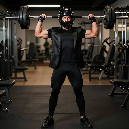 Photograph of a muscular man in black workout gear, helmet, and gloves, lifting a heavy barbell in a dimly lit gym.