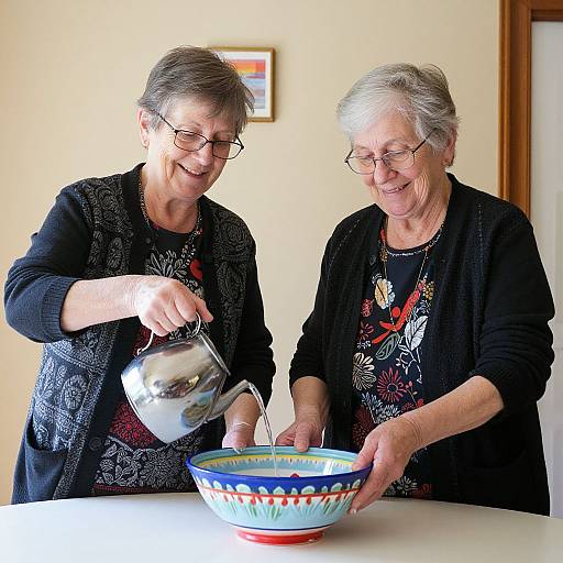 Photograph of two elderly women with short grey hair, glasses, and black cardigans, smiling as they pour tea into a colorful bowl on a white