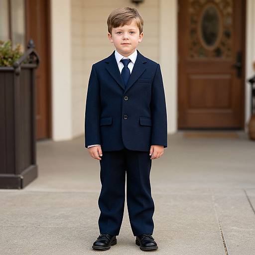 Photograph of a young boy with light brown hair, wearing a black suit, white shirt, and black tie, standing on a concrete porch in front