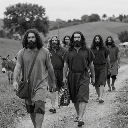 Bearded Men Walking in Hilly Landscape