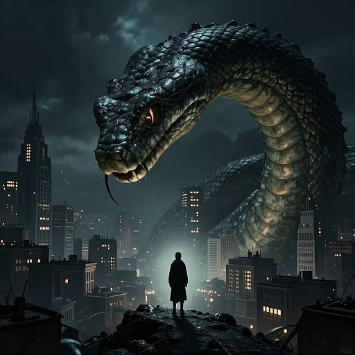 Digital artwork of a giant, glowing blue serpent looming over a silhouetted person in a dark, neon-lit cityscape at night.