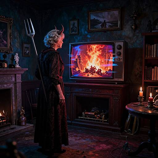 Eerie Room with Devil-Horned Woman