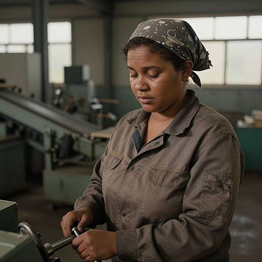 Photograph of an African-American woman in a brown work uniform and patterned headscarf, focused on operating machinery in a dimly lit industrial workshop