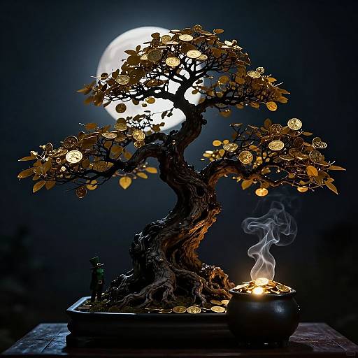 Photograph of a bonsai tree with glowing, golden leaves illuminated by a full moon, and a small, smoking incense holder below.