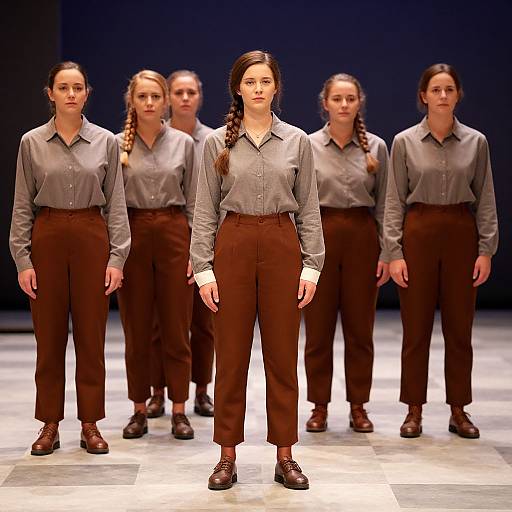 Photograph of six young women in unison, standing on stage. They wear matching gray button-down shirts, brown high-waisted pants, and