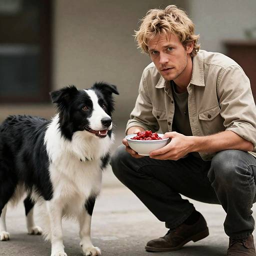 Crouching Man with Border Collie Companion