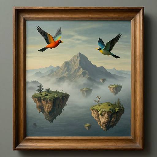 Digital painting of two colorful birds flying over floating islands in a misty, mountainous landscape, framed in a wooden frame.