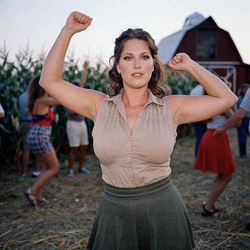 Photograph of a confident, muscular woman with light skin, brown hair in a bun, beige blouse, and dark green skirt, flexing her arms