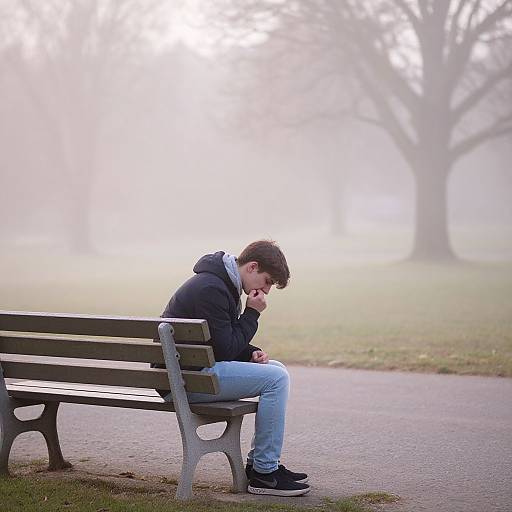 Photograph of a young man with short brown hair, wearing a black hoodie, light blue jeans, and black sneakers, sitting on a park bench,