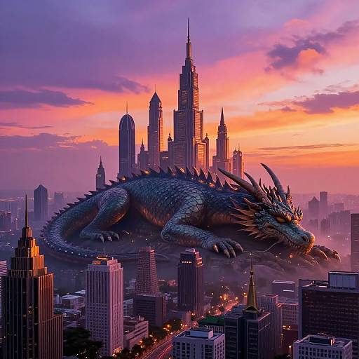 Digital artwork of a blue-scaled, dragon with spikes lying on a skyscraper rooftop, overlooking a vibrant, purple-pink sunset cityscape with tall