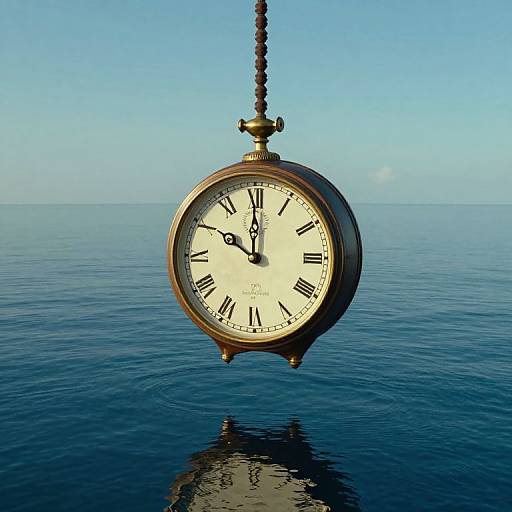 Vintage pocket watch with black Roman numerals, hanging by a chain, floating on calm blue ocean, clear sky background. Photorealistic CGI.