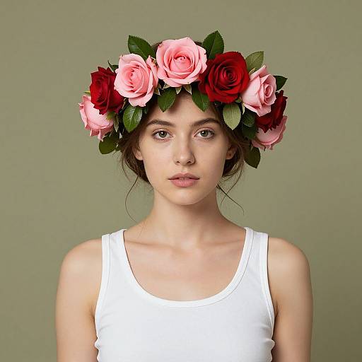 Photograph of a young woman with fair skin, brown eyes, and brown hair, wearing a white tank top and a pink and red rose floral crown