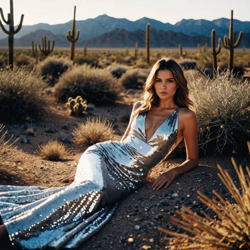 Fashion Model in Silver Gown Reclining in Desert