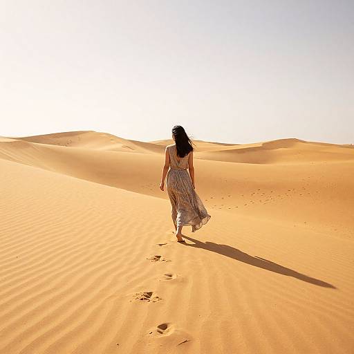 Photograph of a woman in a flowing dress walking through sunlit, rippled orange sand dunes with a clear blue sky above.