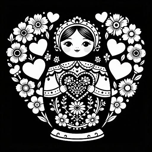 Whimsical black-and-white digital drawing of a doll surrounded by floral and heart shapes, creating a circular, intricate pattern.