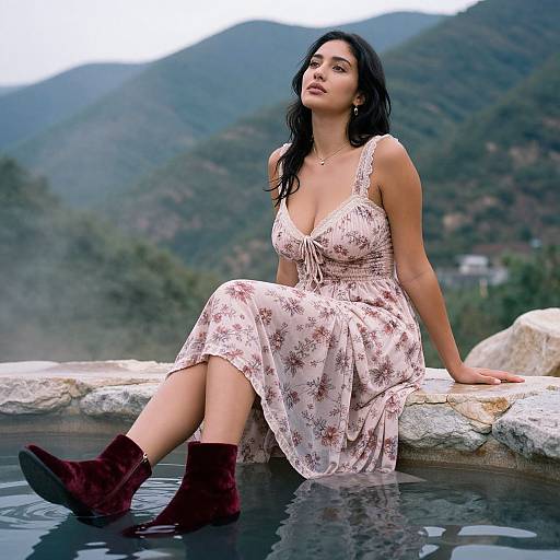 Photograph of a dark-haired woman with medium skin tone, wearing a floral dress and maroon boots, sitting by a mountainous outdoor pool.