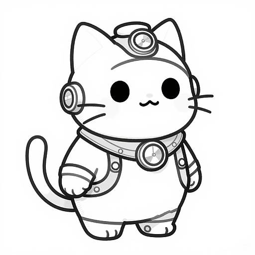 Cute black-and-white line drawing of a chibi cat wearing a miner's helmet and collar with buttons, standing upright.