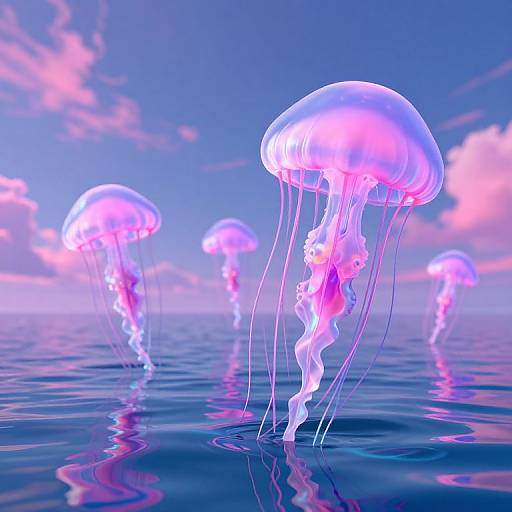 Digital illustration of glowing pink and purple jellyfish floating in a serene, reflective ocean under a vibrant, cloudy sky.