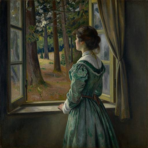 Photograph-style digital painting of a woman in a green, 19th-century dress, gazing out a window into a forested landscape.