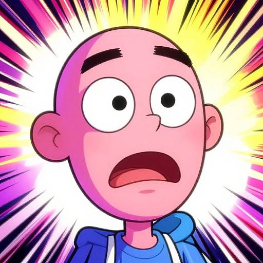Cartoon drawing of a bald, wide-eyed, shocked boy with an open mouth, wearing a blue hoodie, against a vibrant, explosive background.
