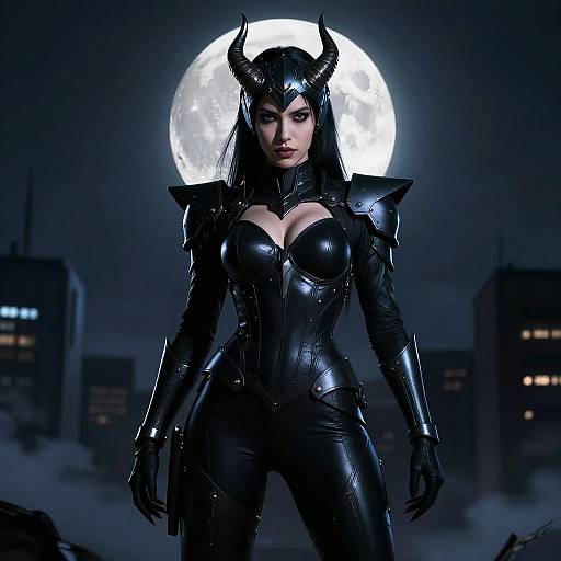 CGI image of a fierce, dark-haired woman with black, horned helmet, glossy black armor, and large breasts, standing before a full moon