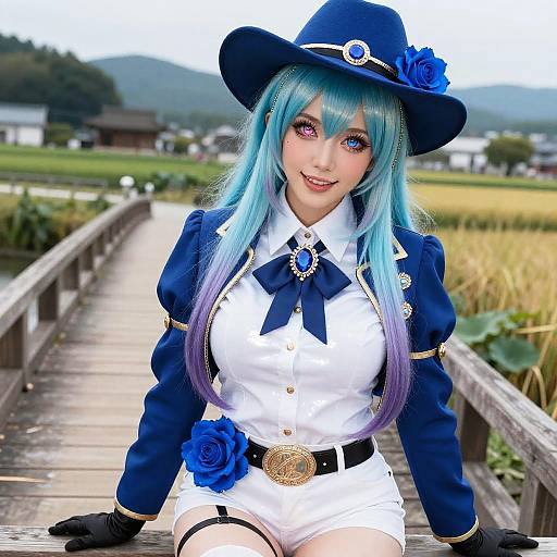 Cosplay Woman in Blue Outfit on Japanese Bridge